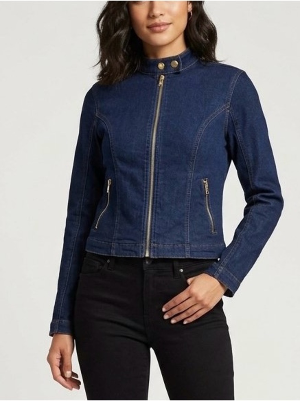 INC International Concepts Denim Moto Jacket NWT XS Dark Blue Gold Zip